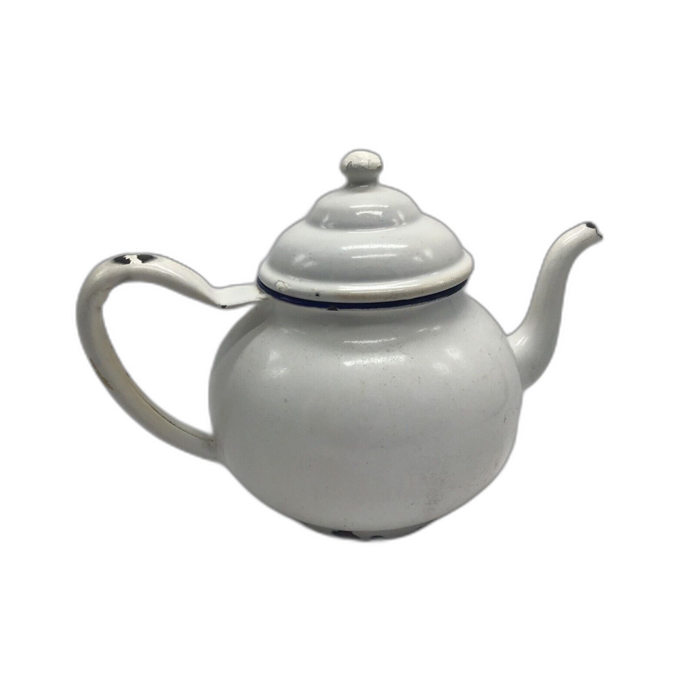 Vintage White Enamel Metal Teapot With Lid Blue Rim Distressed Farmhouse Cottage